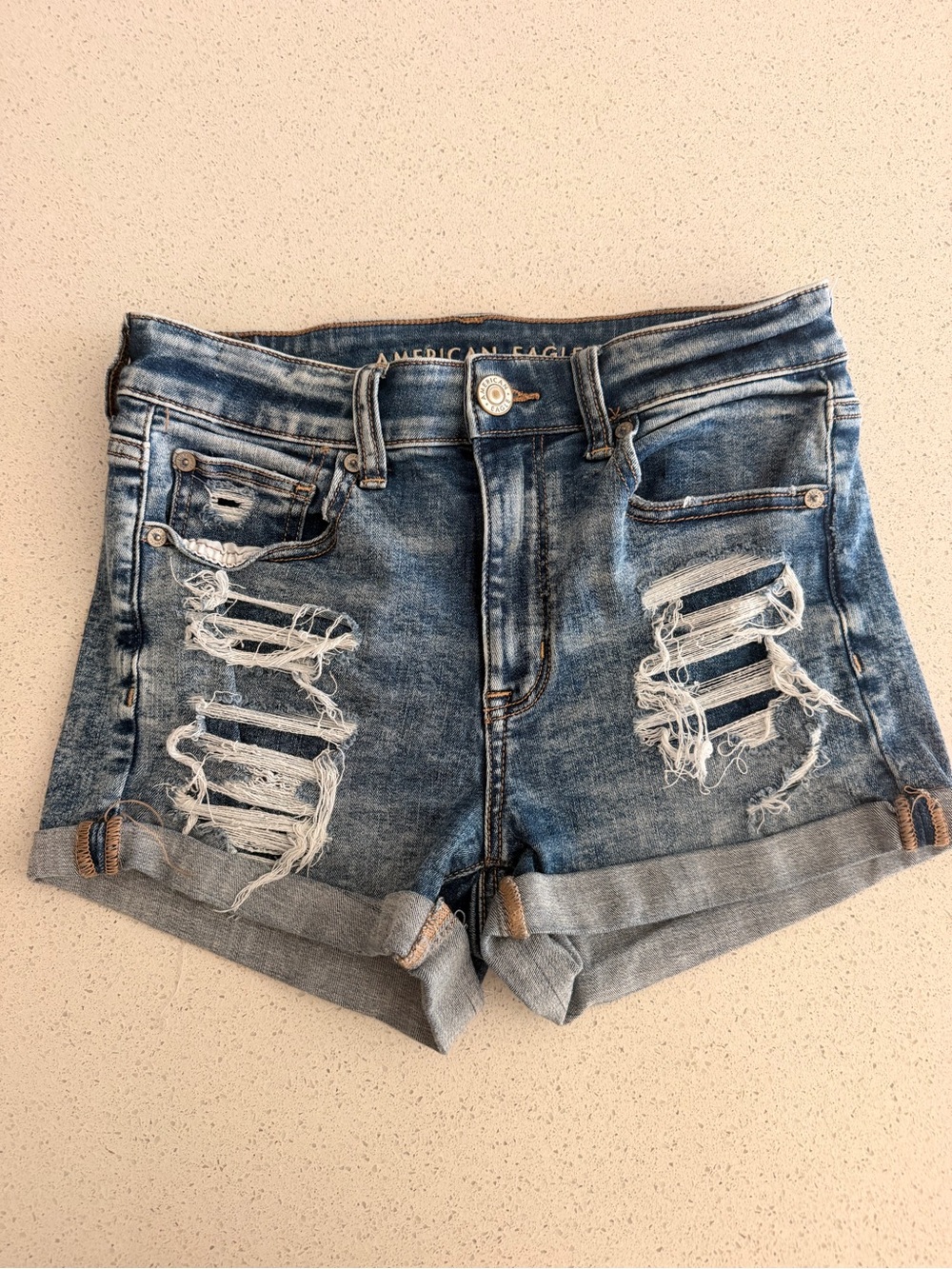 American Eagle Women’s Size 6 Distressed Denim Shorts High Rise Cuffed Stretch